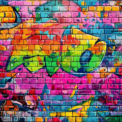 A vibrant graffiti mural of an abstract rainbow-colored fish on the brick wall, created with bright and bold colors
