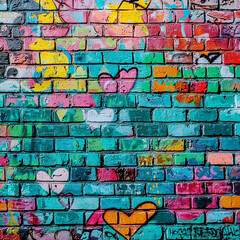  A vibrant graffiti-covered brick wall with hearts and colorful designs,