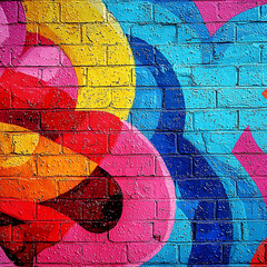  Colorful graffiti on the brick wall, simple shapes, colorful curves, circular forms, playful use of line and color,