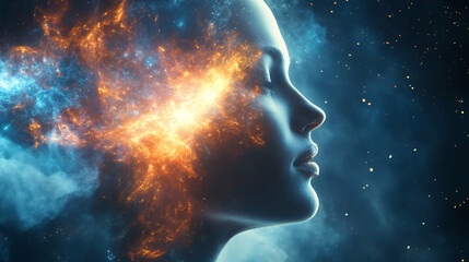 Yoga meditation outdoors. Glowing seven all chakra. sits in a Salute pose on beach sunset view, Kundalini energy
