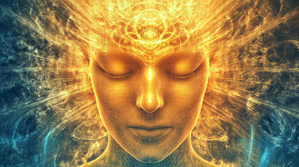 Yoga meditation outdoors. Glowing seven all chakra. sits in a Salute pose on beach sunset view, Kundalini energy
