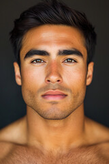 Naklejka premium Close-up portrait of a handsome young man with dark hair and striking eyes against a dark background