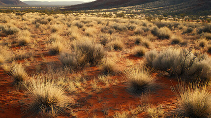 A vast Australian Outback landscape with iconic desert flora, including spiky shrubs and dry grasses scattered across the red soil 