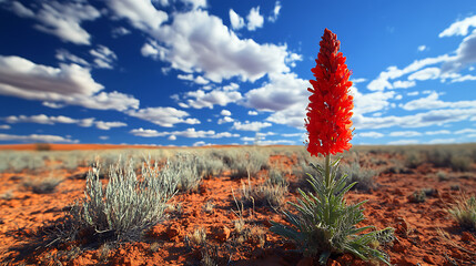 A vibrant red flowering plant standing out in the dry, dusty plains of the Australian Outback 