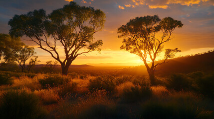 Fototapeta premium A wide view of the Australian Outback at sunrise, with native flora such as saltbush and mulga trees silhouetted against the glowing sky 