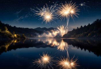 Colorful fireworks exploding over a calm lake with mountains in the background