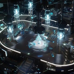 Fototapeta premium Futuristic Lab Scene with Astatine Under High Magnification, Emitting Soft Light, Surrounded by Holographic Displays and Complex Machinery