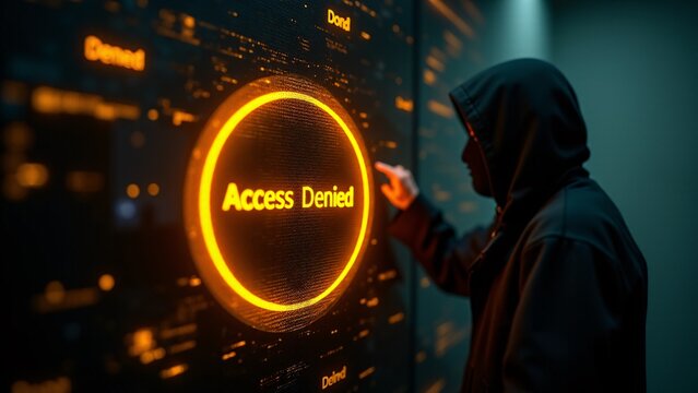 A glowing orange "Access Denied" button, with a hand or hooded figure reaching for it, representing cybersecurity or blocked access - Powered by Adobe
