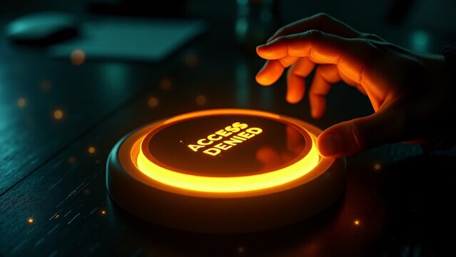 A glowing orange "Access Denied" button, with a hand or hooded figure reaching for it, representing cybersecurity or blocked access