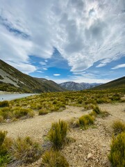 Beautiful panoramic views at Porters Pass Viewpoint, Springfield , South Island , New Zealand. Landscape with sky and clouds