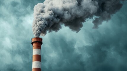 Factory chimney emitting thick smoke into a cloudy sky. Concept of air pollution, industrial impact, and environmental issues.