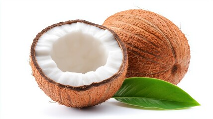 A half cut coconut with a green leaf on top