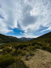 Beautiful panoramic views at Porters Pass Viewpoint, Springfield , South Island , New Zealand. Landscape with sky and clouds