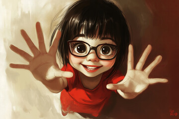 A smiling girl with glasses is holding out both hands towards the camera