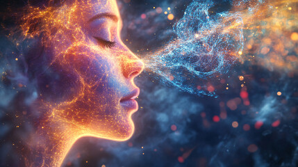 Yoga meditation outdoors. Glowing seven all chakra. sits in a Salute pose on beach sunset view, Kundalini energy
