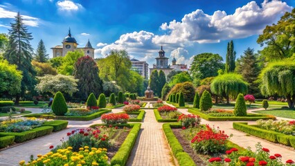 Obraz premium Serenene Cismigiu Gardens in Bucharest, Romania, featuring historic monuments, walking paths, and lush greenery surrounded by vibrant flowers and towering trees under a clear blue sky.