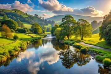 Fototapeta premium Serenene morning scene featuring the tranquil River Kent flowing gently through lush greenery and picturesque countryside landscape in the English Lake District.