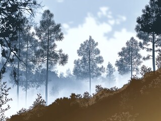 misty forest trees in the morning at dawn, tinged with brown uphill, winter scenery, peaceful tranquil surreal feel