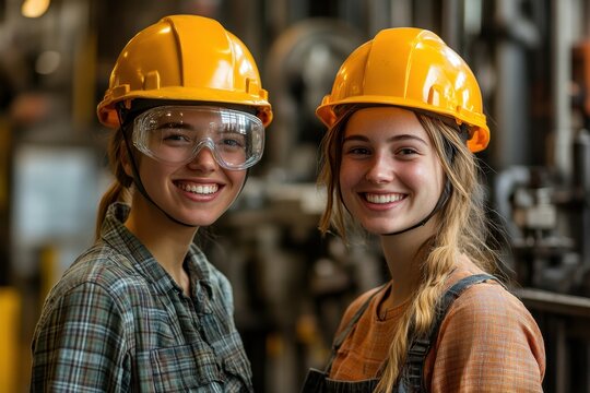 Two smiling young women in safety gear pose in an industrial setting.