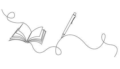 continuous line drawing of open book and pen.one line vector drawing of book and pen.concept of education in one line vector.background for world book day,international education day.