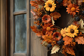 autumn wreath of dried flowers and leaves brings warmth to rustic backdrop