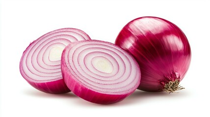 A close up of a red onion with the top half cut off