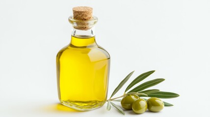 A bottle of olive oil sits on a table next to a bunch of green leaves