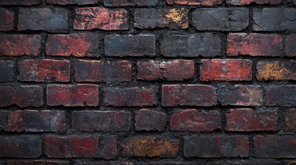 Obraz premium A weathered brick wall with dark mortar and red, black, and gold hues.