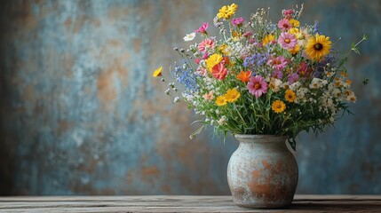 Colorful Wildflowers in a Rustic Vase Against a Textured Background