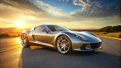 Obraz premium Shiny silver sports car parked on a smooth asphalt road, sleek design and curved lines accentuated by warm sunlight casting a long afternoon shadow.