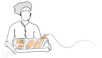 line art drawing of a baker. minimalist line drawing of a baker man showing bread in a bakery. background of a bakery