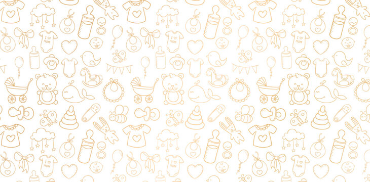 Fototapeta seamless pattern with cute hand drawn doodle elements golden colors isolated white backgrounds for baby shower invitation, baby girl and baby boys fabric printing, patterned fills, webs pages childish