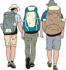 Young active traveling together with backpacks. Happy tourists walking with bags. Colored flat vector illustration of travelers isolated on white background