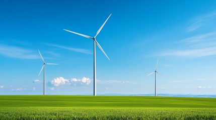 Fototapeta premium Wind turbines in a green field under a bright blue sky. Concept of renewable energy, sustainability, and environmental conservation