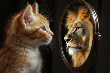 A cute kitten looking in the mirror and seeing an elegant lion reflection, 