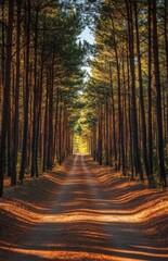 Obraz premium A dirt road stretching into the horizon through a dense forest, with tall pine trees and the sunlight casting long shadows on the path