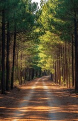 Obraz premium A dirt road stretching into the horizon through a dense forest, with tall pine trees and the sunlight casting long shadows on the path