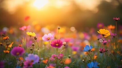 Colorful Cosmos Flowers in a Field at Sunset