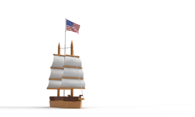 Boat usa flag united stated america white isolated background dicut object waving aymbol sign travel discovery columbus day us ship celebration event river vessel history tourism greeting american 