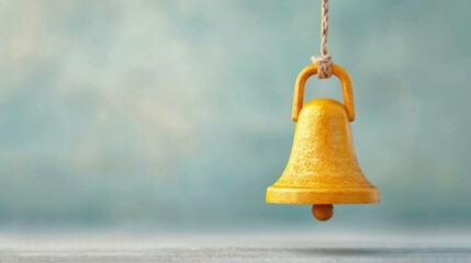 Close-up of a yellow bell hanging by a rope against a turquoise background - minimalist and rustic decor concept.