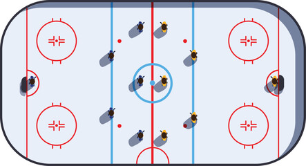 Top view of an ice hockey rink during a game, with players competing for the puck © nsit0108
