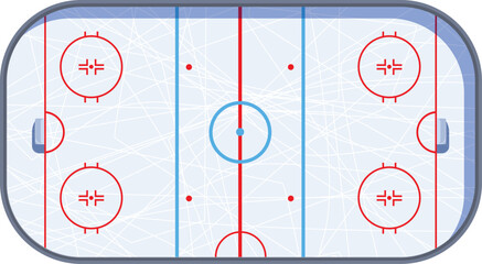 Top down view of an empty ice hockey rink showing all the markings for a regulation game