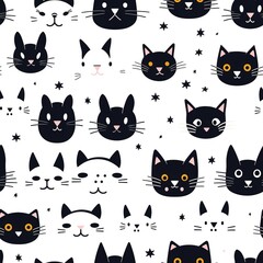 seamless pattern of cats' faces in different colors, highlighted on a white background. Background wallpaper with cartoon cat faces. Pattern for textiles, packaging, etc.