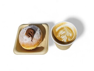 Hot cafe latte Donut in takeaway paper container white background