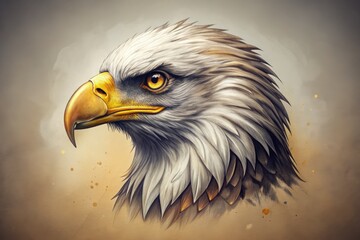 Fototapeta premium Solemn bald eagle's majestic head rendered in precise ink lines and delicate shading, set against a subtle gradient background, evoking freedom and strength.