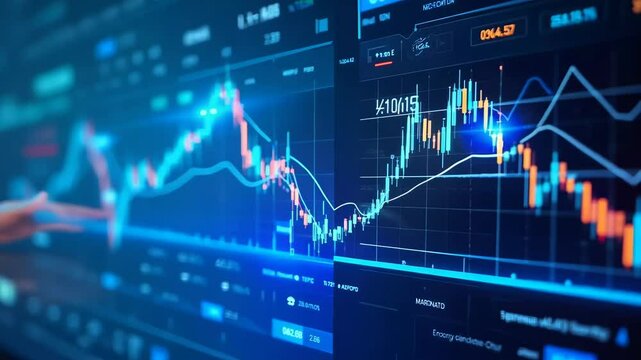 Futuristic digital interface displaying financial data. Multiple glowing blue charts and graphs on dark background. Real-time market information updates dynamically. 