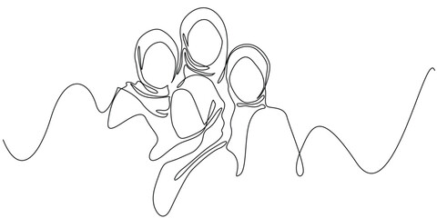 continuous line portrait of Muslim women's friendship. line art group of Muslim women. single line vector illustration