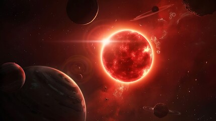 Red star in space surrounded by planets