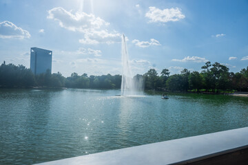 As the fountain dances in McGovern Lake, it creates a calming rhythm that blends perfectly with the park&rsquo;s serene beauty, McGovern Lake, Houston, Texas