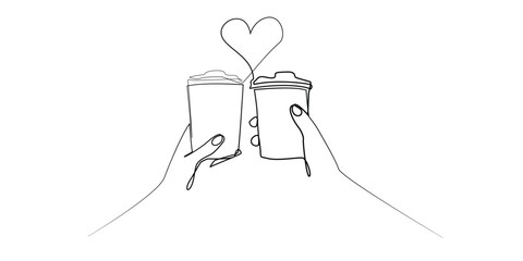 continuous line drawing of love coffee.minimalist line drawing forming hands,coffee cup and love.single line vector illustration of hand doing a toast with coffee